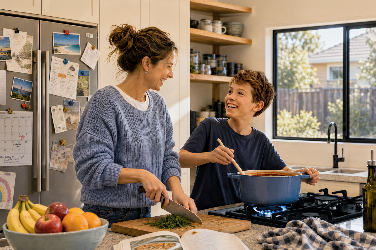 Mother and child cooking in the kitchen.