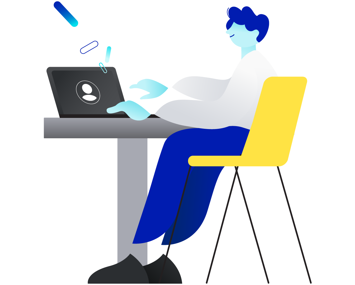 Illustration depicting a person sitting at a desk managing their energy and telco accounts on their laptop