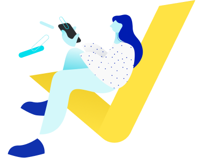 Illustration of a person sitting in a tick icon using their phone to learn about their energy usage. 