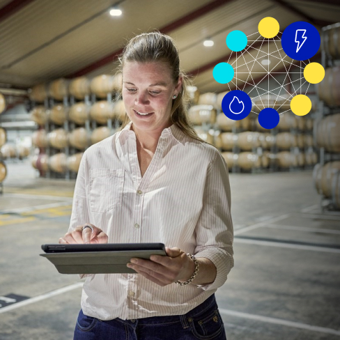 Woman using tablet device with corner imagery