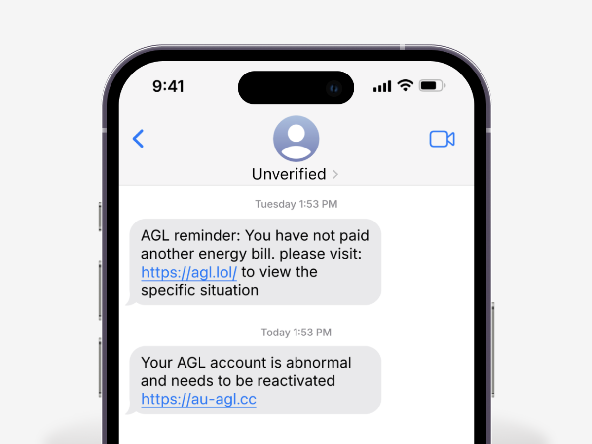 Mobile device showing 2 scam texts pretending to be AGL and inviting the user to click suspicious links. The sender ID says ‘Unverified’, meaning it is not registered with the SMS Sender ID Register.