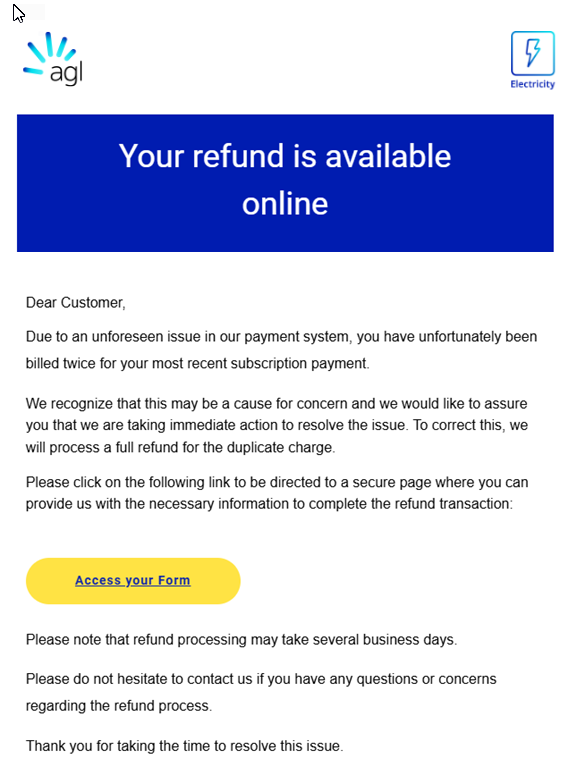 A screenshot of a refund scam pretending to be AGL