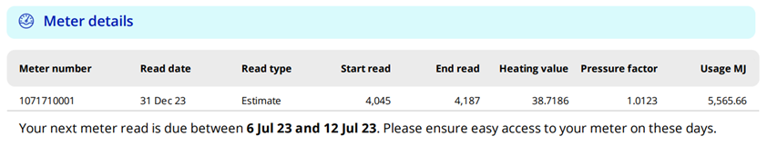 The Meter details section of the AGL Energy bill showing three sseparate reads.